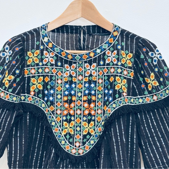 Zara Embroidered Sheer Boho Blouse Fringe Trim Bell Sleeves Festival Black M - Picture 7 of 15